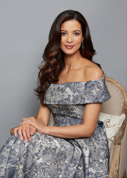 Robe de bal Amanda en jacquard à imprimé floral avec épaules dénudées et jupe volumineuse – Boutique Beli Sima